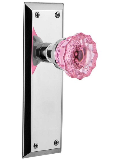 New York Door Set with Colored Fluted Crystal Glass Knobs Pink in Polished Chrome.